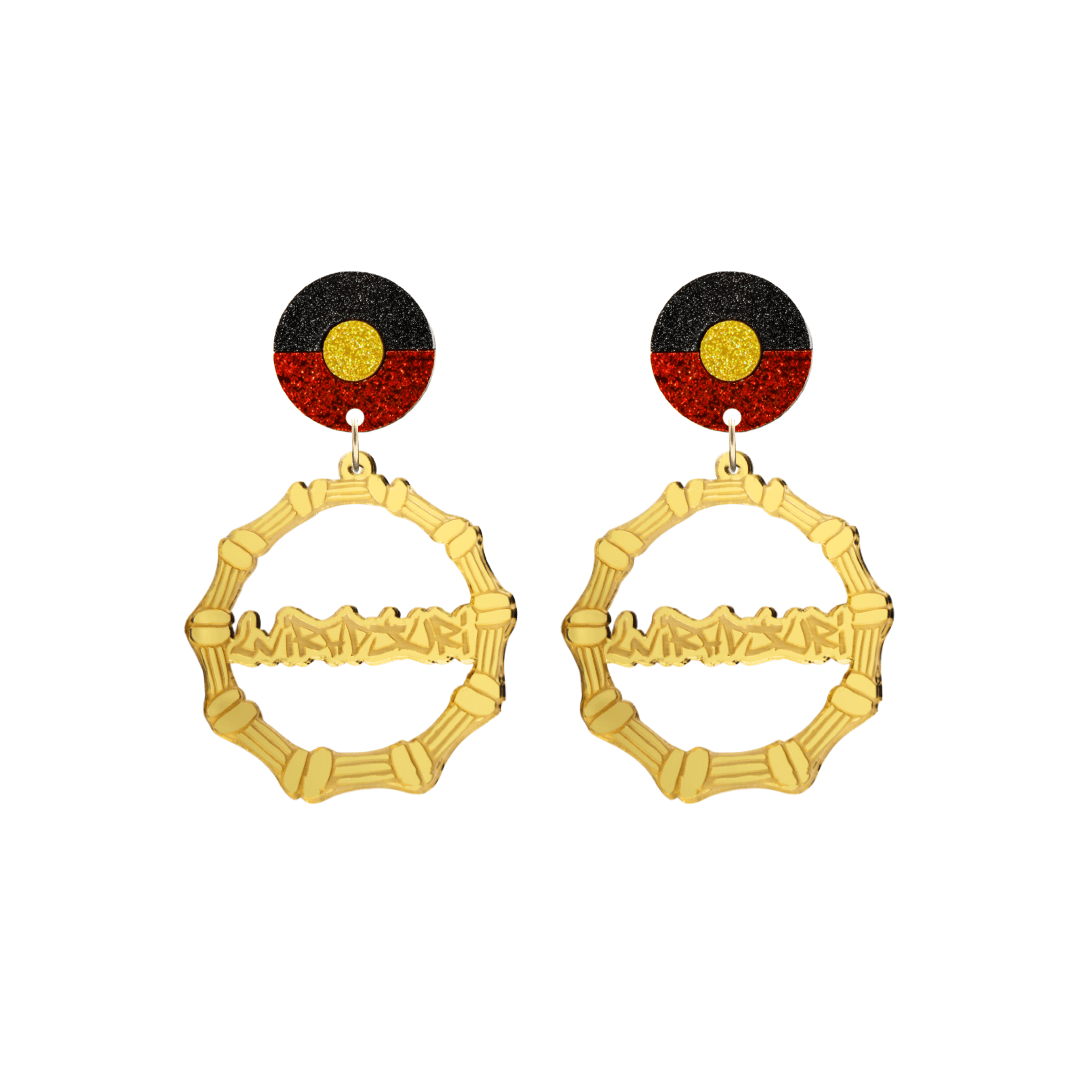 haus of dizzy gold mirror acrylic bamboo hoop custom earrings with 'Wiradjuri' graffiti text and Aboriginal flag design stud top size small