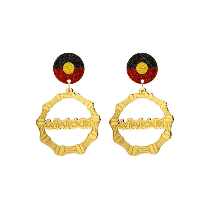 haus of dizzy gold mirror acrylic bamboo hoop custom earrings with 'Wiradjuri' graffiti text and Aboriginal flag design stud top size small