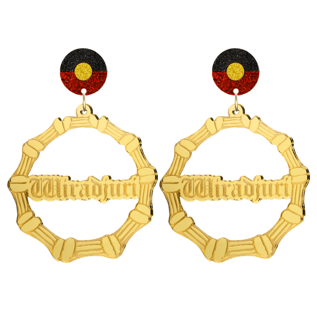 haus of dizzy gold mirror acrylic bamboo hoop custom earrings with 'Wiradjuri' old english text and Aboriginal flag design stud top size large