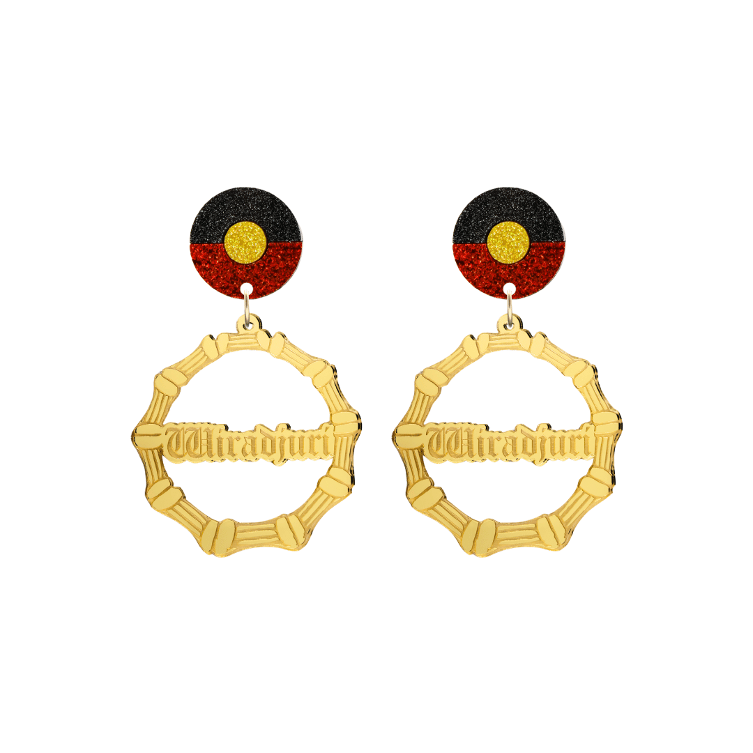 haus of dizzy gold mirror acrylic bamboo hoop custom earrings with 'Wiradjuri' old english text and Aboriginal flag design stud top size small
