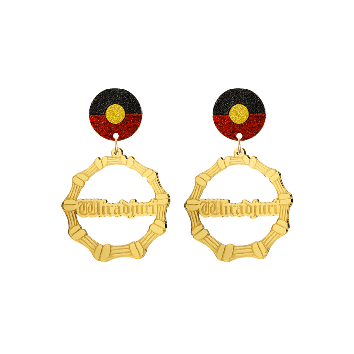 haus of dizzy gold mirror acrylic bamboo hoop custom earrings with 'Wiradjuri' old english text and Aboriginal flag design stud top size small