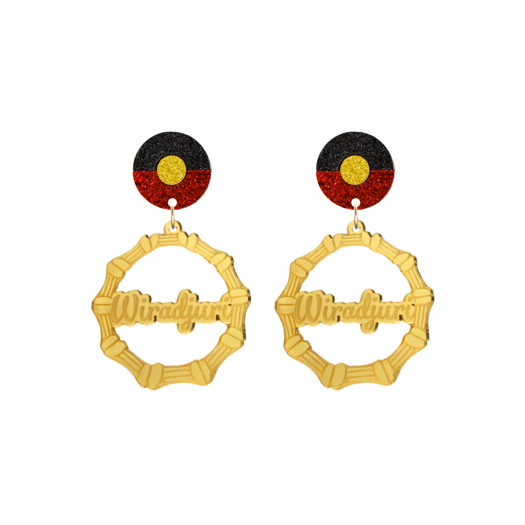 haus of dizzy gold mirror acrylic bamboo hoop custom earrings with 'Wiradjuri' ollie cursive text and Aboriginal flag design stud top size small