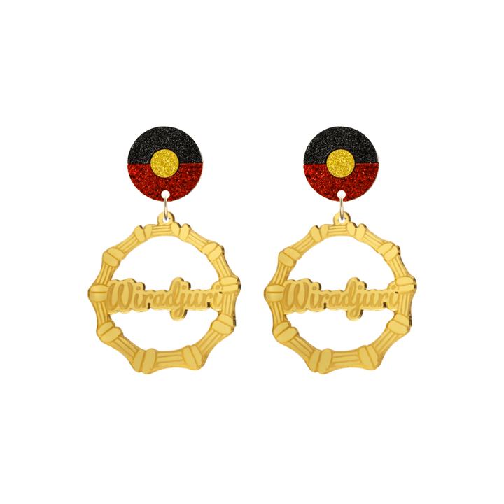 haus of dizzy gold mirror acrylic bamboo hoop custom earrings with 'Wiradjuri' ollie cursive text and Aboriginal flag design stud top size small