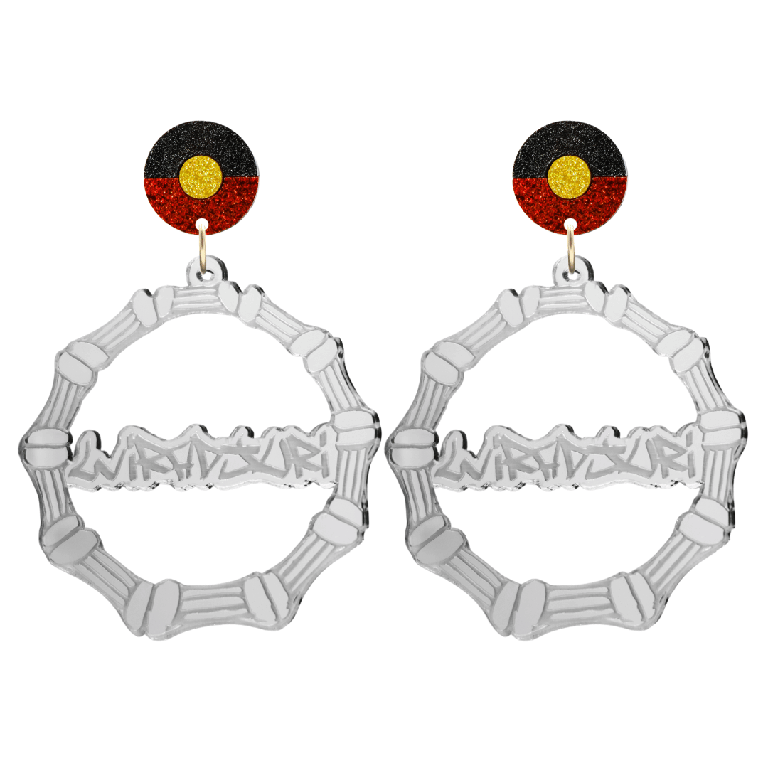 haus of dizzy silver mirror acrylic bamboo hoop custom earrings with 'Wiradjuri' graffiti text and Aboriginal flag design stud top size large