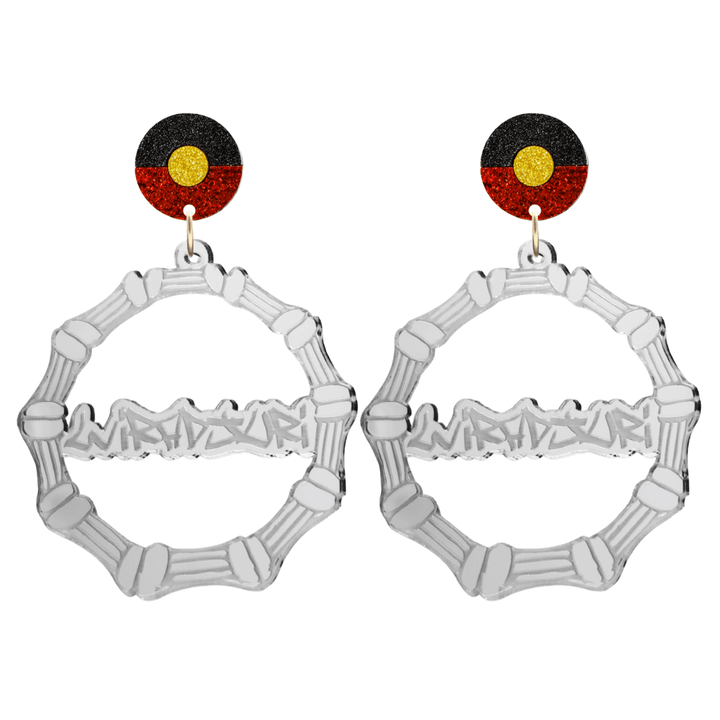 haus of dizzy silver mirror acrylic bamboo hoop custom earrings with 'Wiradjuri' graffiti text and Aboriginal flag design stud top size large