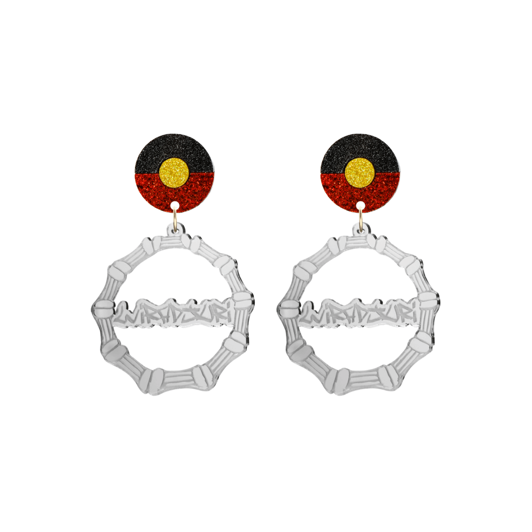 haus of dizzy silver mirror acrylic bamboo hoop custom earrings with 'Wiradjuri' graffiti text and Aboriginal flag design stud top size small