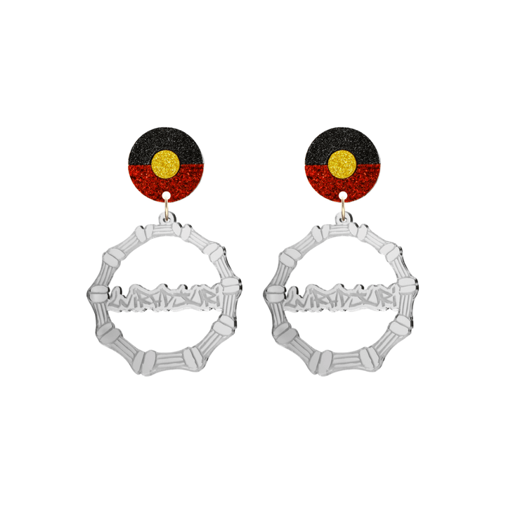 haus of dizzy silver mirror acrylic bamboo hoop custom earrings with 'Wiradjuri' graffiti text and Aboriginal flag design stud top size small