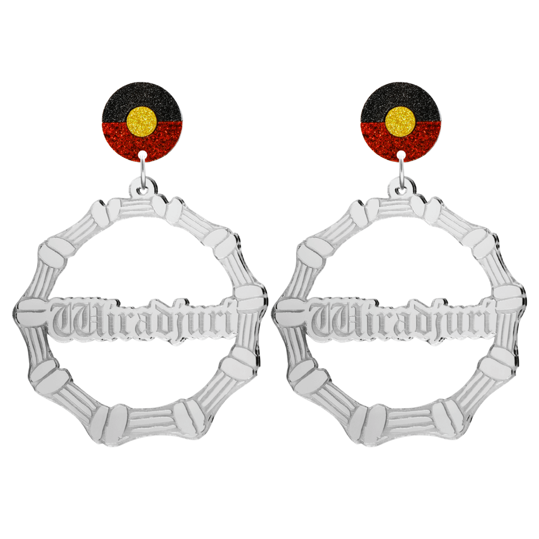 haus of dizzy silver mirror acrylic bamboo hoop custom earrings with 'Wiradjuri' old english text and Aboriginal flag design stud top size large