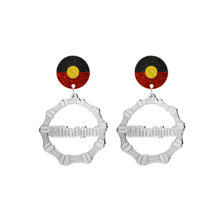 haus of dizzy silver mirror acrylic bamboo hoop custom earrings with 'Wiradjuri' old english text and Aboriginal flag design stud top size small