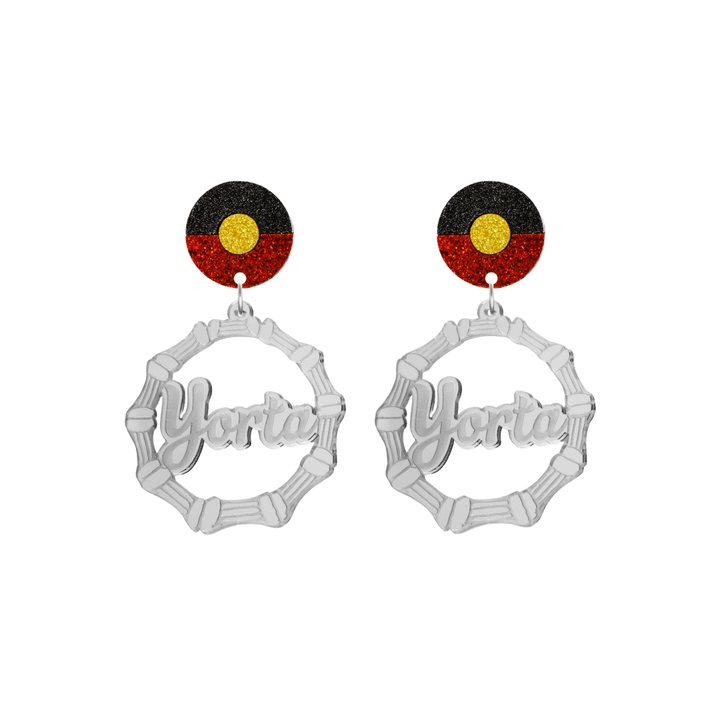 haus of dizzy silver mirror acrylic bamboo hoop custom earrings with 'Yorta Yorta' ollie cursive text (one on each earring) and Aboriginal flag design stud top size small