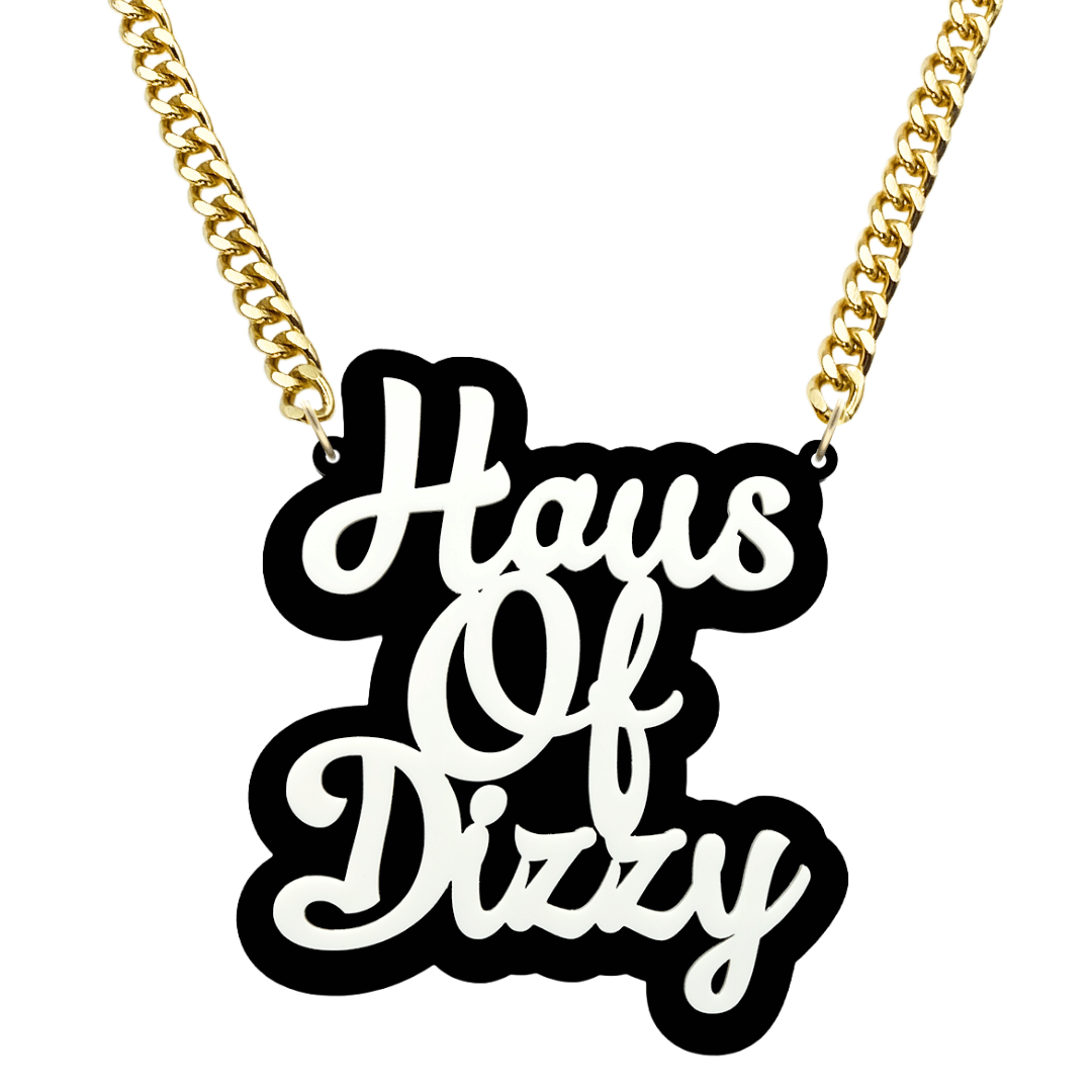 haus of dizzy custom name necklace 3 words. pendant has white text that reads haus of dizzy on three separate lines on a black background and on a gold chain