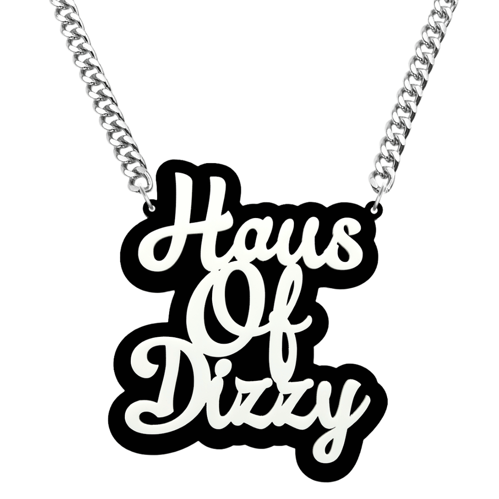 haus of dizzy custom name necklace 3 words. pendant has white text that reads haus of dizzy on three separate lines on a black background and on a silver chain
