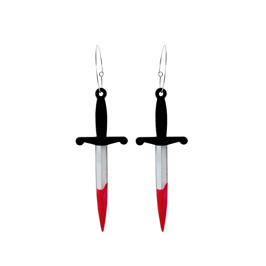 Haus of dizzy dagger sword shaped earrings with black handles and silver blades with blood detail on a white background