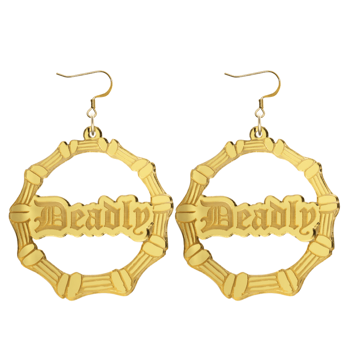 haus of dizzy acrylic gold mirror bamboo hoops with old english text that reads Deadly with hooks no circle stud tops size large