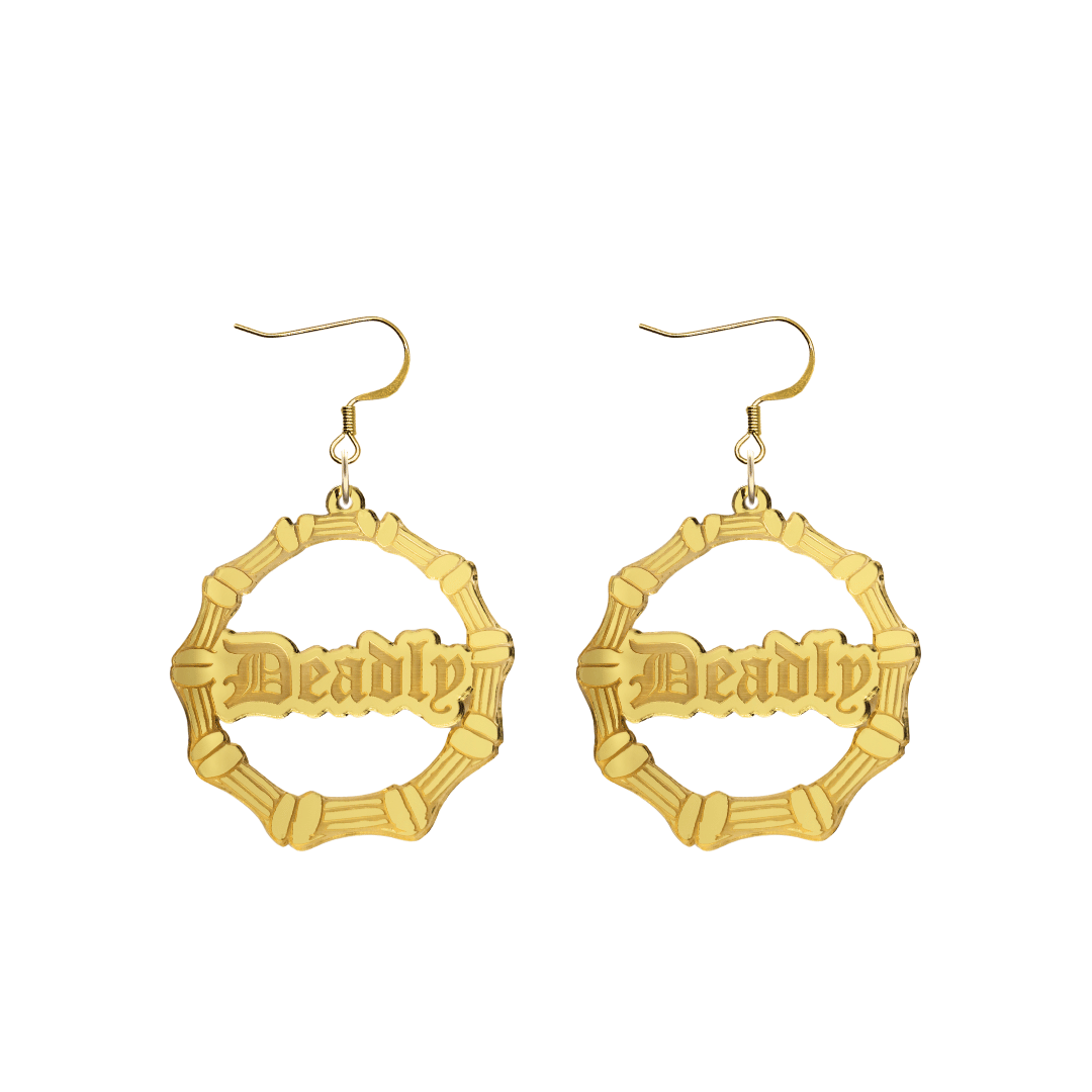 haus of dizzy acrylic gold mirror bamboo hoops with old english text that reads Deadly with hooks no circle stud tops size small