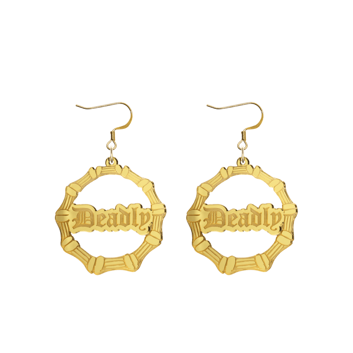 haus of dizzy acrylic gold mirror bamboo hoops with old english text that reads Deadly with hooks no circle stud tops size small