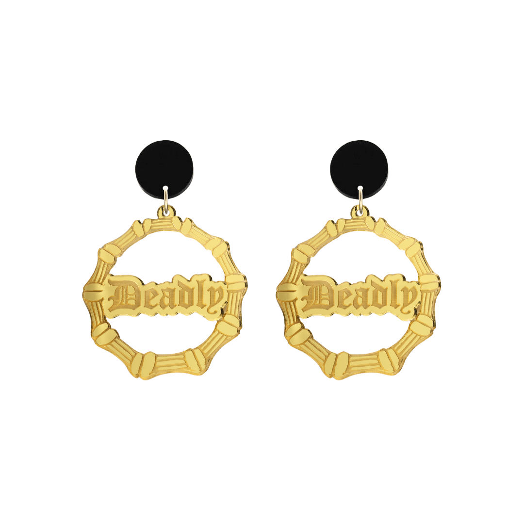 haus of dizzy acrylic gold mirror bamboo hoops with old english text that reads Deadly with black circle stud tops size small