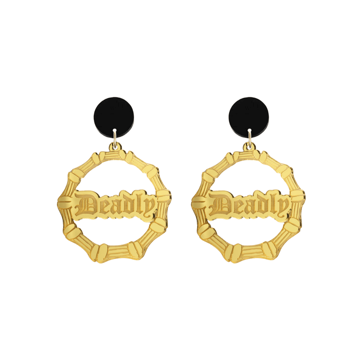 haus of dizzy acrylic gold mirror bamboo hoops with old english text that reads Deadly with black circle stud tops size small