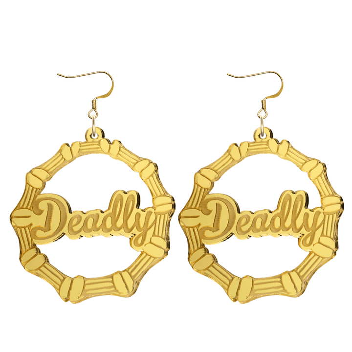 haus of dizzy acrylic gold mirror bamboo hoops with ollie cursive text that reads Deadly with hooks no circle stud tops size large