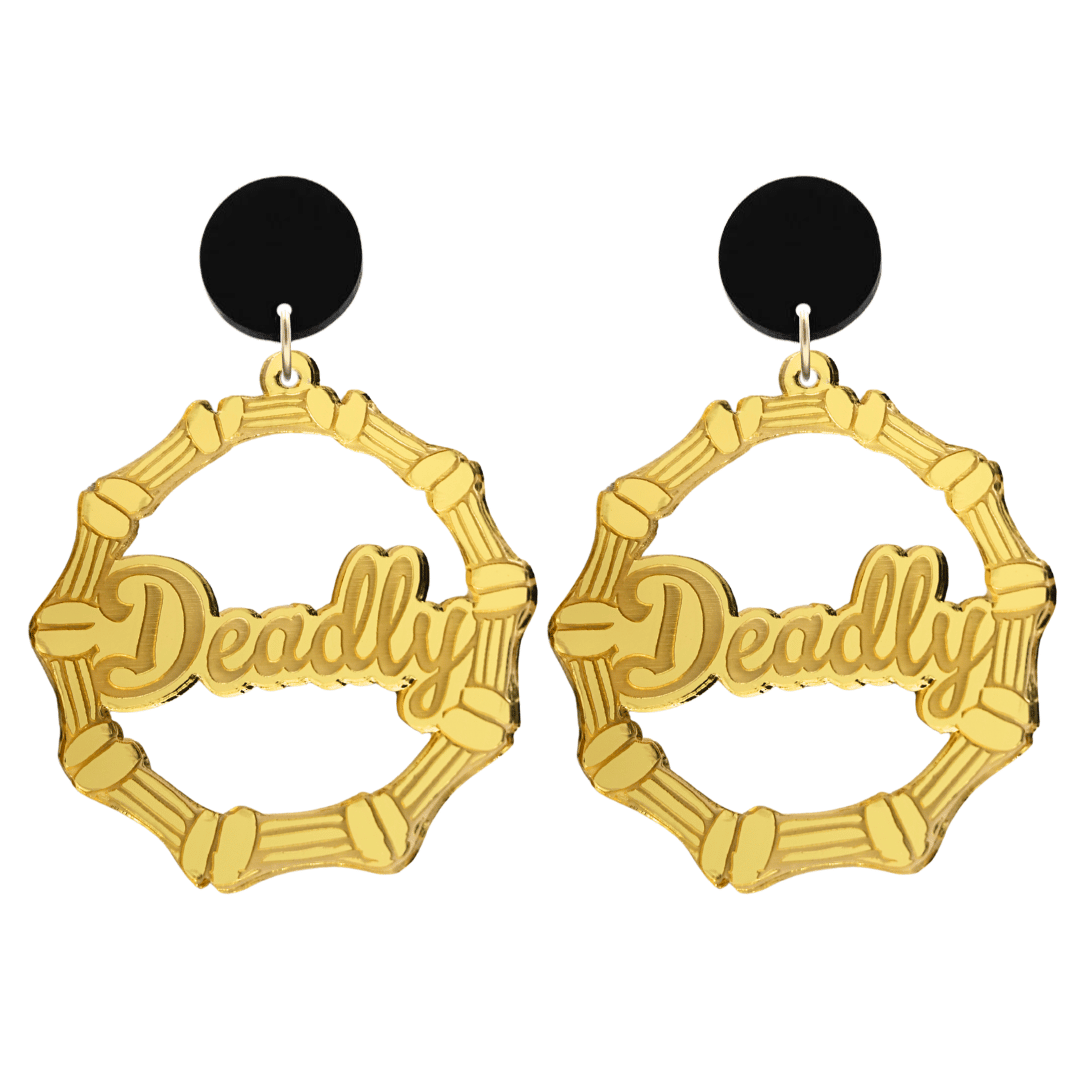 haus of dizzy acrylic gold mirror bamboo hoops with ollie cursive text that reads Deadly with black circle stud tops size large
