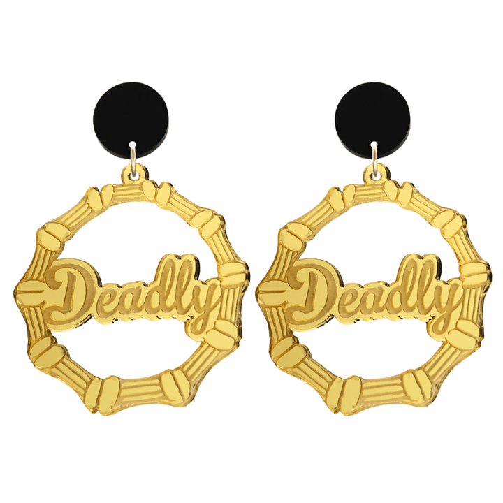 haus of dizzy acrylic gold mirror bamboo hoops with ollie cursive text that reads Deadly with black circle stud tops size large
