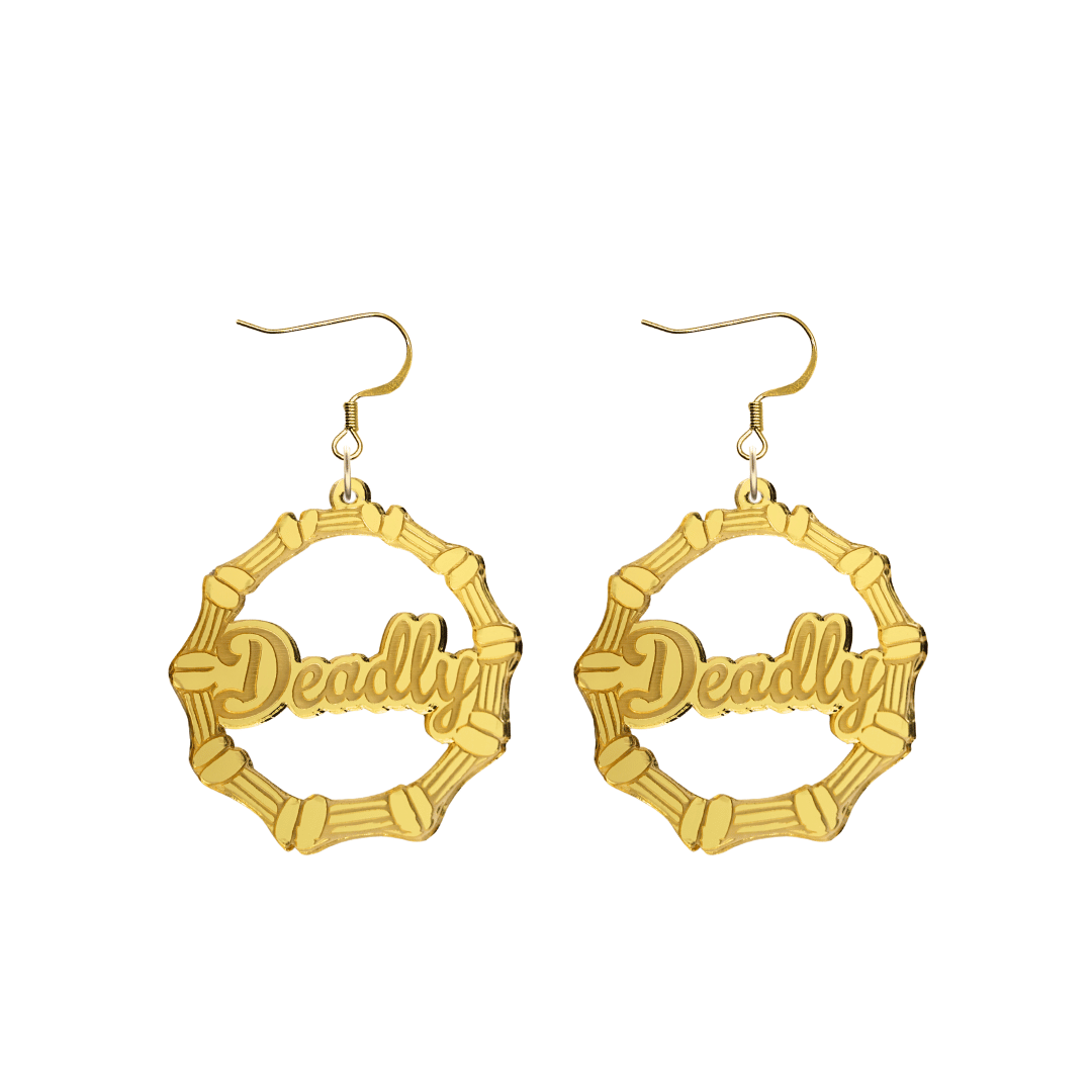 haus of dizzy acrylic gold mirror bamboo hoops with ollie cursive text that reads Deadly with hooks no circle stud tops size small