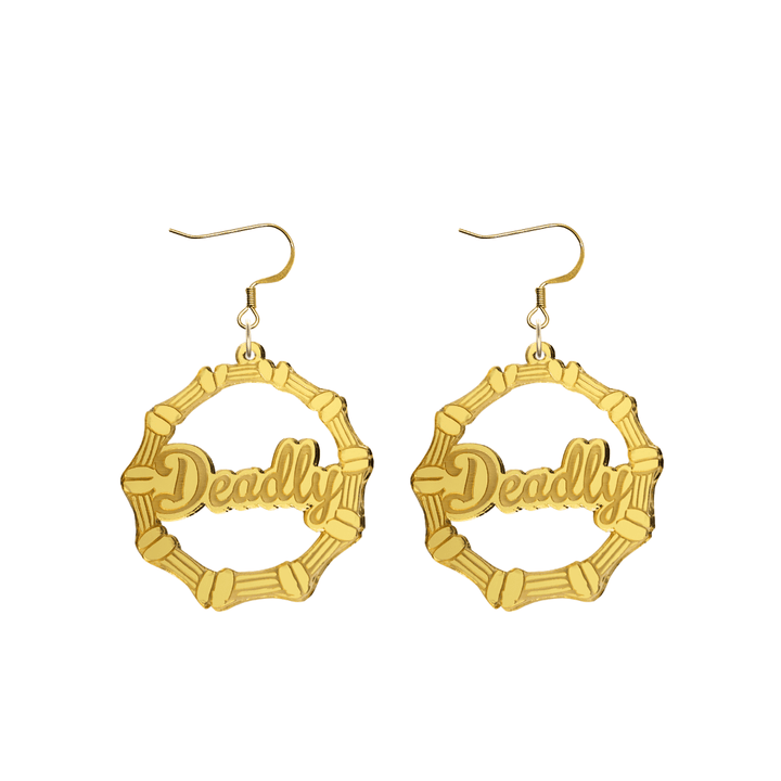 haus of dizzy acrylic gold mirror bamboo hoops with ollie cursive text that reads Deadly with hooks no circle stud tops size small