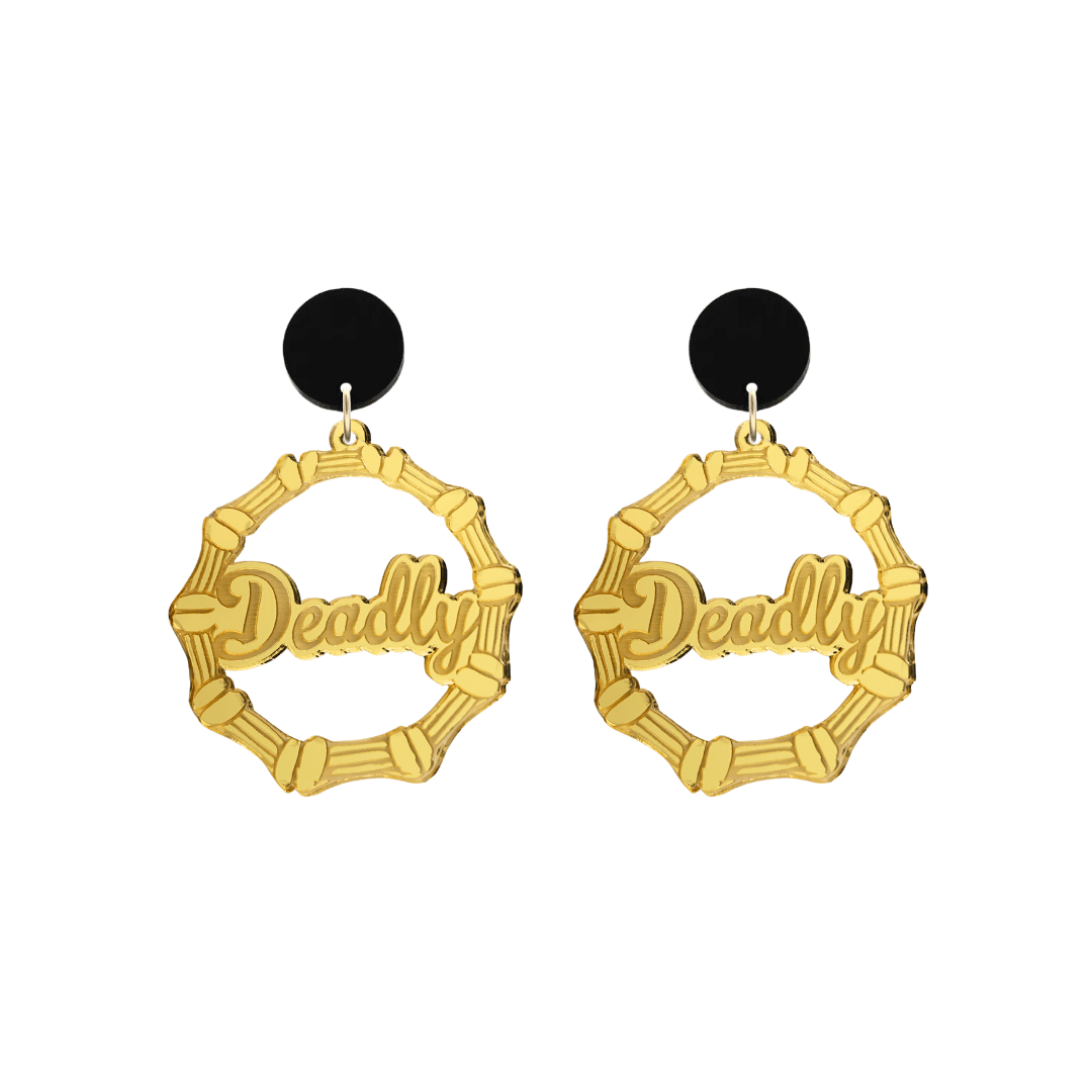 haus of dizzy acrylic gold mirror bamboo hoops with ollie cursive text that reads Deadly with black circle stud tops size small