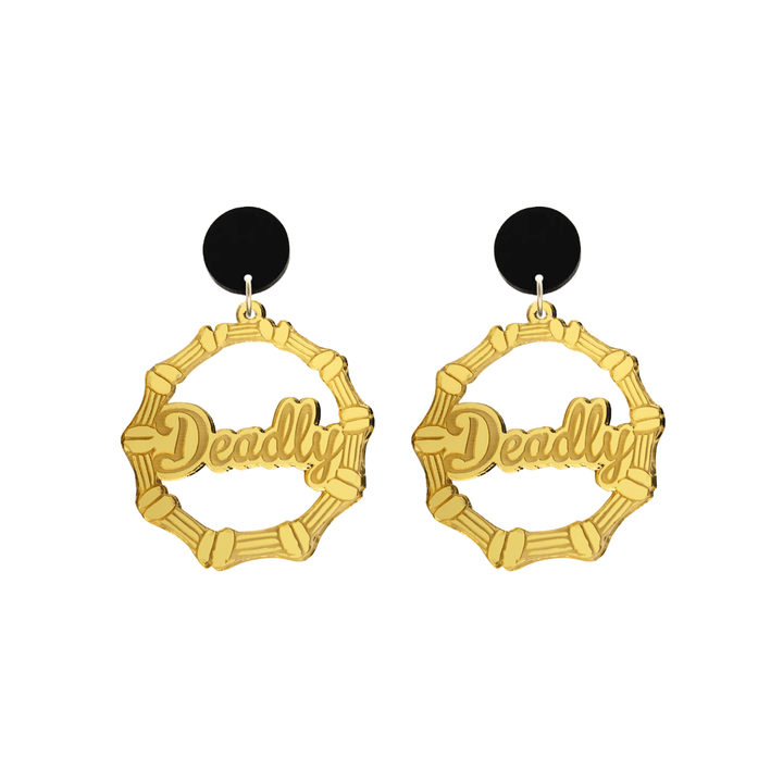 haus of dizzy acrylic gold mirror bamboo hoops with ollie cursive text that reads Deadly with black circle stud tops size small