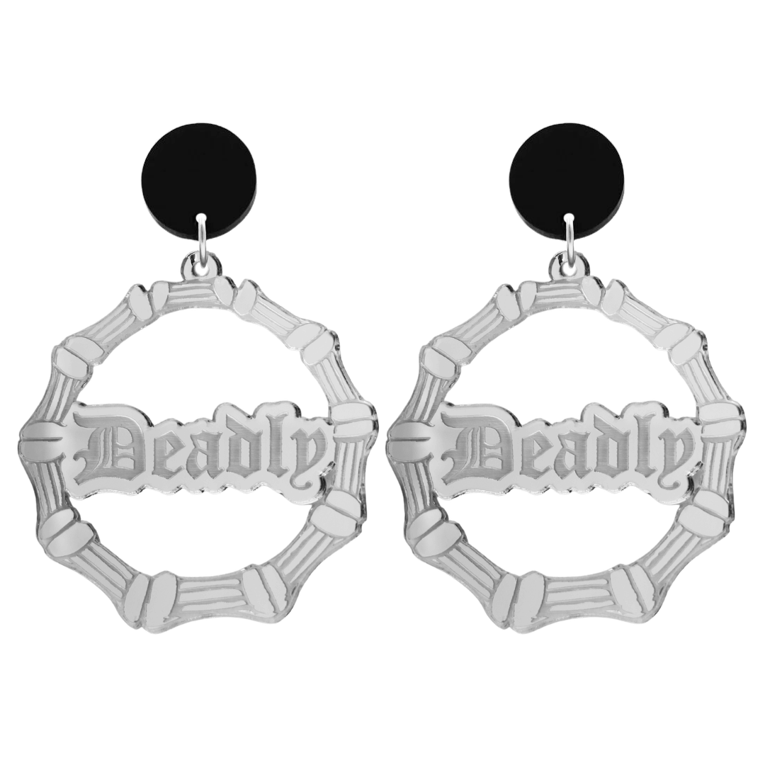haus of dizzy acrylic silver mirror bamboo hoops with old english text that reads Deadly with black circle stud tops size large