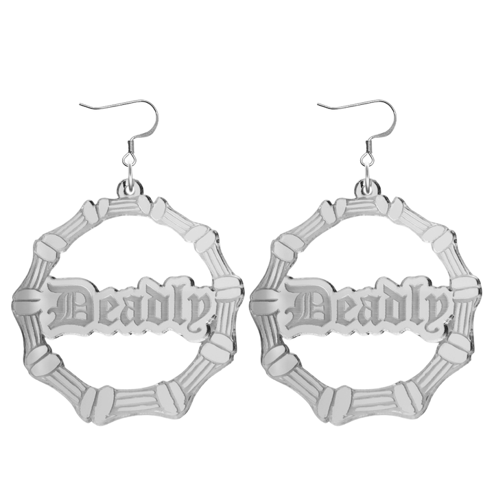 haus of dizzy acrylic silver mirror bamboo hoops with old english text that reads Deadly with hooks no circle stud tops size large