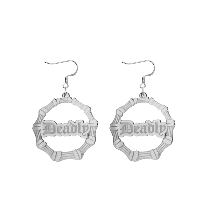 haus of dizzy acrylic silver mirror bamboo hoops with old english text that reads Deadly with hooks no circle stud tops size small