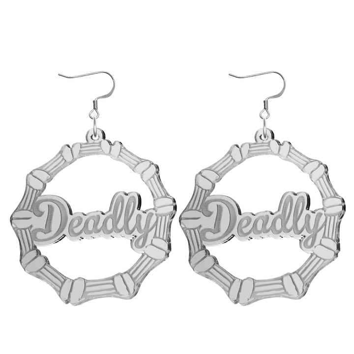 haus of dizzy acrylic silver mirror bamboo hoops with ollie cursive text that reads Deadly with hooks no circle stud tops size large
