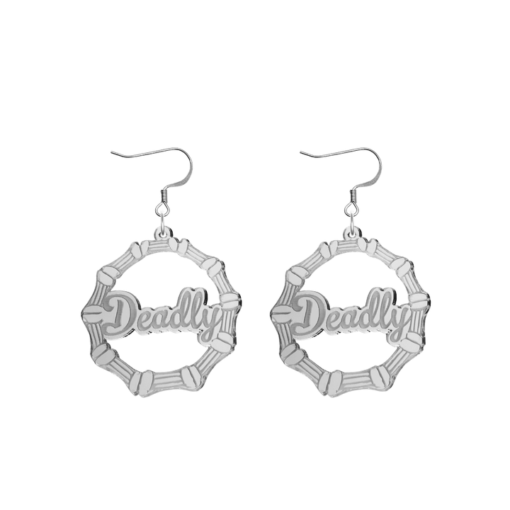 haus of dizzy acrylic silver mirror bamboo hoops with ollie cursive text that reads Deadly with hooks no circle stud tops size small