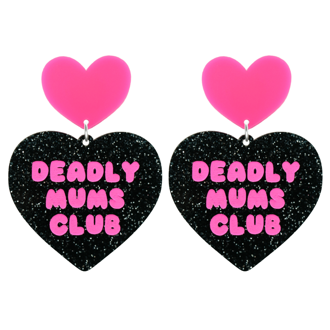 haus of dizzy earrings with a black glittery acrylic heart shape body with the phrase 'deadly mums club' hand painted in hot pink and a hot pink heart stud top size large
