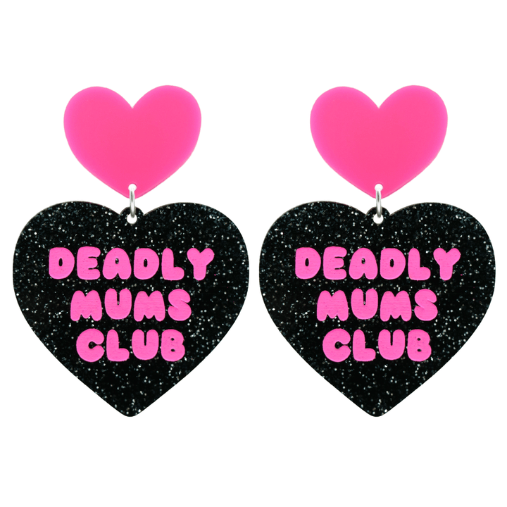 haus of dizzy earrings with a black glittery acrylic heart shape body with the phrase 'deadly mums club' hand painted in hot pink and a hot pink heart stud top size large