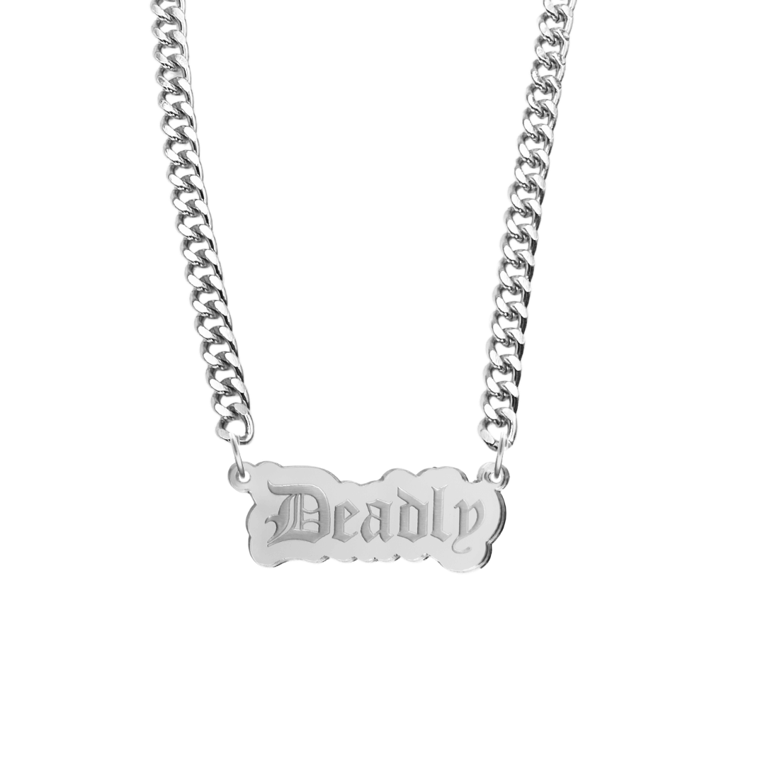 haus of dizzy silver necklace with 'Deadly' acrylic pendant size large