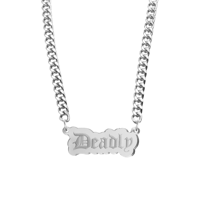 haus of dizzy silver necklace with 'Deadly' acrylic pendant size large