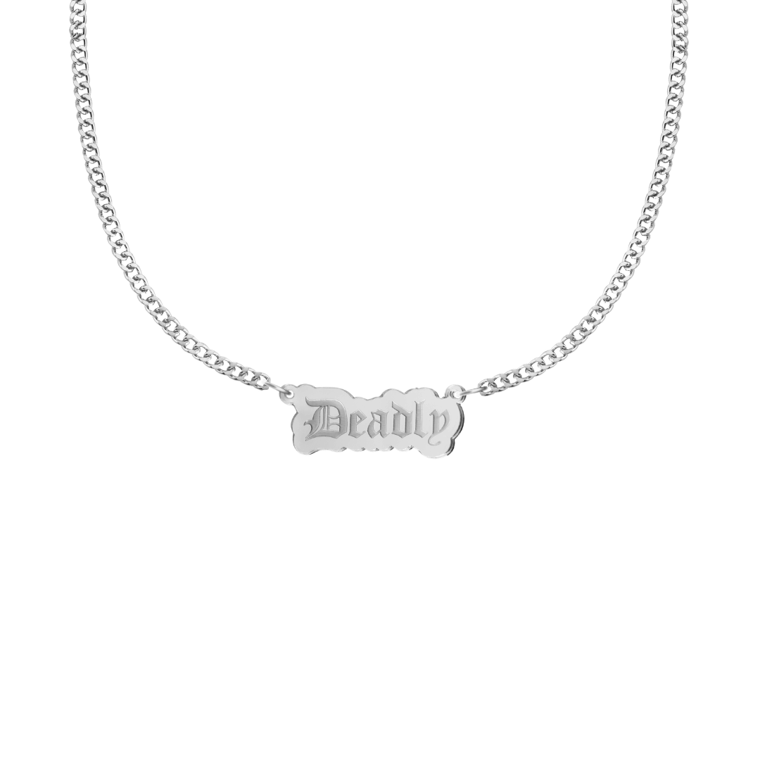 haus of dizzy silver necklace with 'Deadly' acrylic pendant size small
