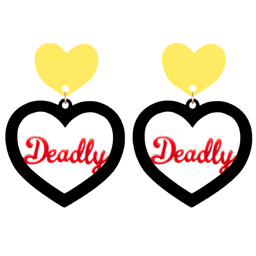 haus of dizzy heart-shaped earrings with yellow heart tops, black heart body and red 'Deadly' text on a white background