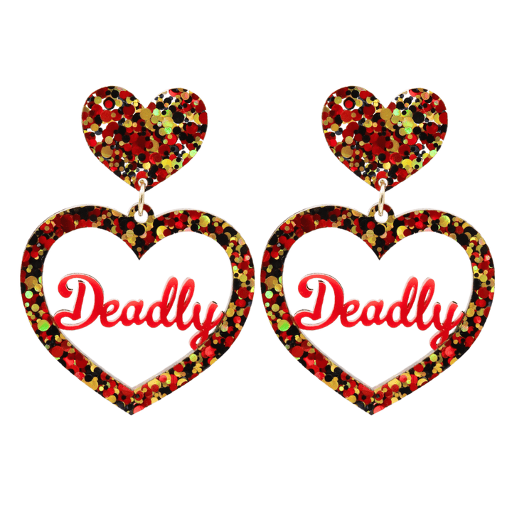 haus of dizzy chunky glitter heart-shaped earrings with red 'Deadly' text 