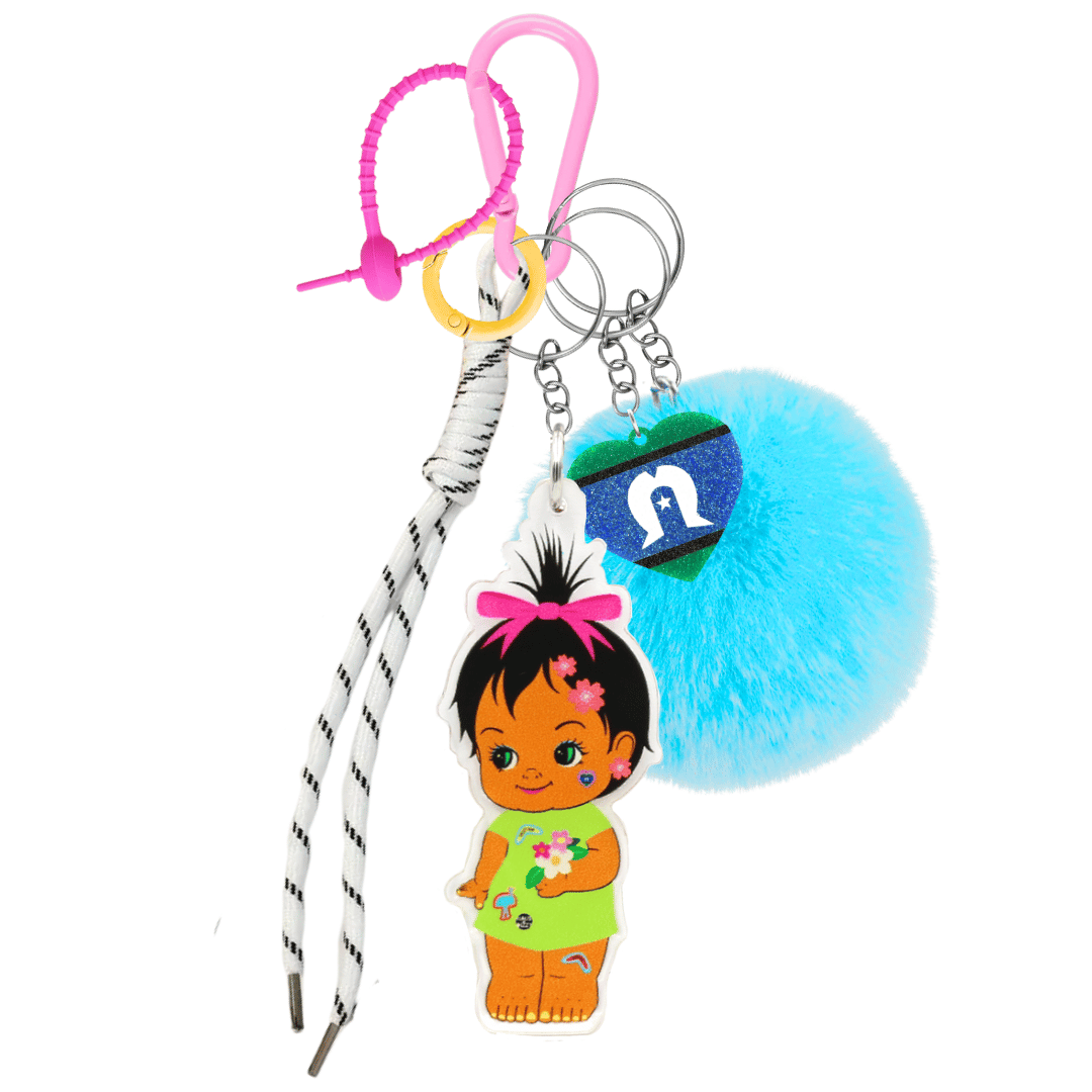 haus of dizzy dizzy chicks deluxe bag charm allira. features baby pink carabiner, hot pink rubber zip tie, yellow circle clip, white rope, aqua blue fluffy pom pom, acrylic glitter torres strait islander flag heart charm, and printed acrylic allira dizzy chick piece