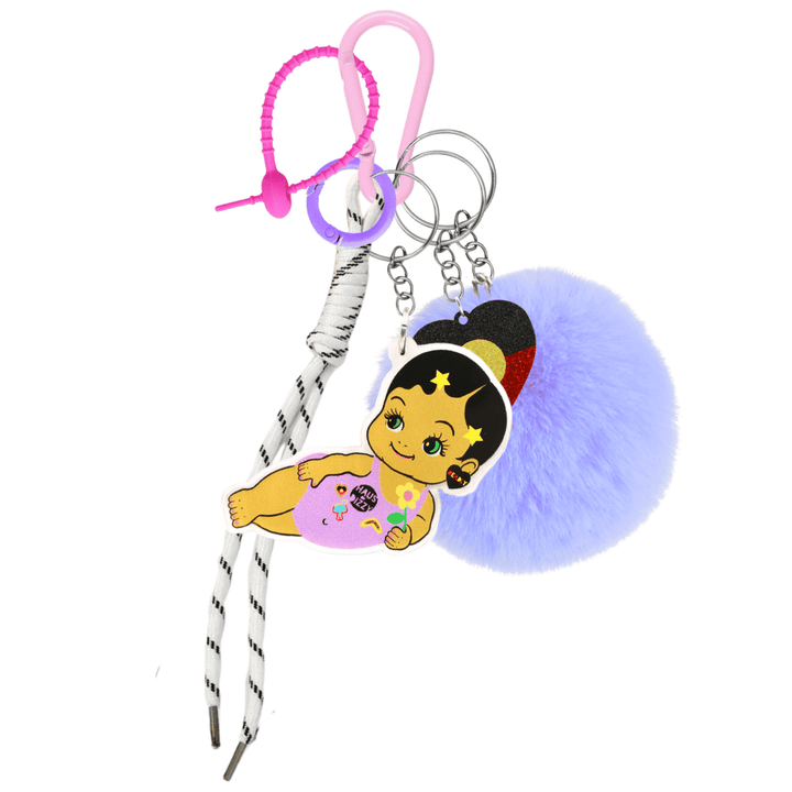 haus of dizzy dizzy chicks deluxe bag charm rosie. features baby pink carabiner, hot pink rubber zip tie, lilac circle clip, white rope, lilac fluffy pom pom, acrylic glitter aboriginal flag heart charm, and printed acrylic rosie dizzy chick piece