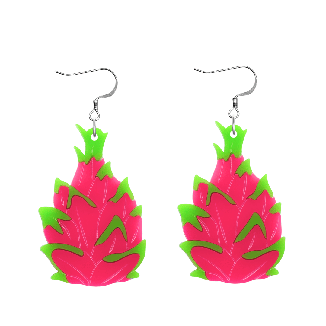 An image of Haus of Dizzy's Dragonfruit punch full earrings, large dragonfruit-shaped dangle earrings, with neon pink and neon green acrylic and hook top.
