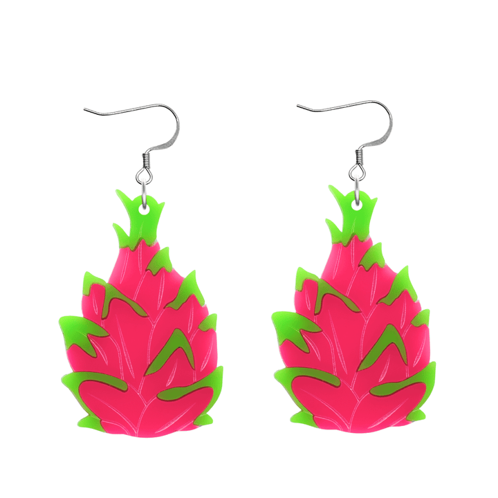 An image of Haus of Dizzy's Dragonfruit punch full earrings, large dragonfruit-shaped dangle earrings, with neon pink and neon green acrylic and hook top.
