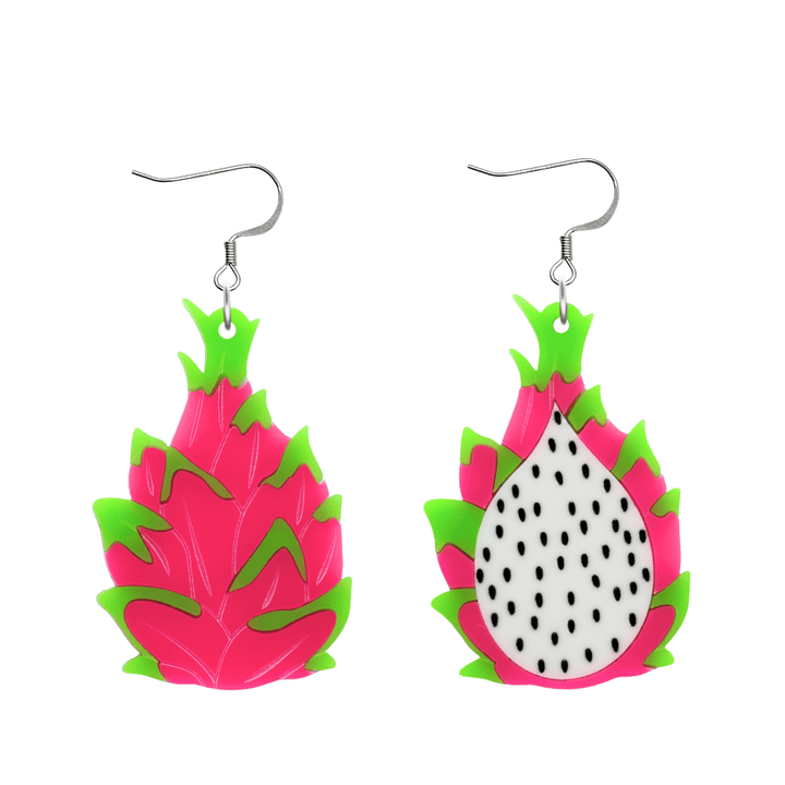 An image of Haus of Dizzy's Dragonfruit punch with one full and half view earrings, large dragonfruit-shaped dangle earrings, with neon pink and neon green acrylic and hook top.
