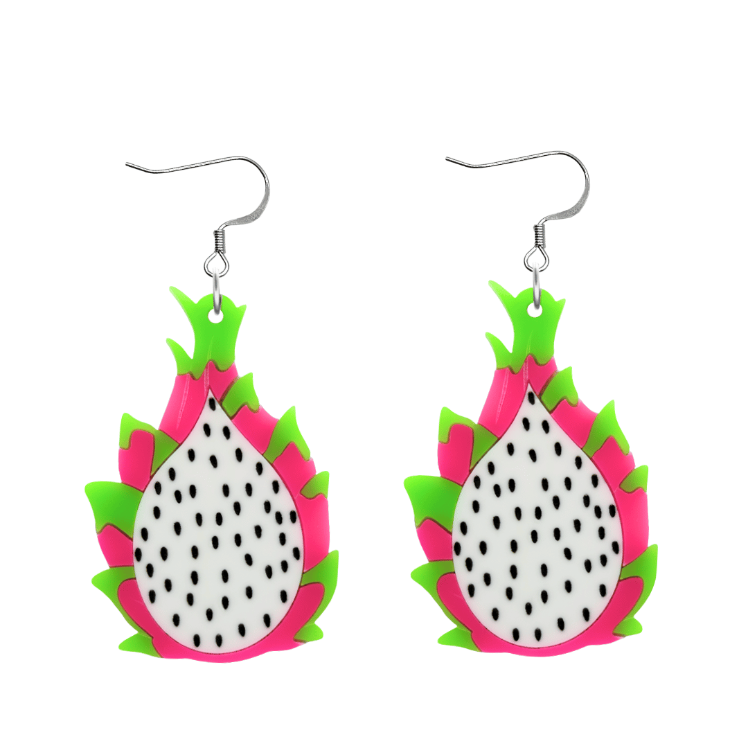 An image of Haus of Dizzy's Dragonfruit punch half view earrings, large dragonfruit-shaped dangle earrings, with neon pink and neon green acrylic and hook top.
