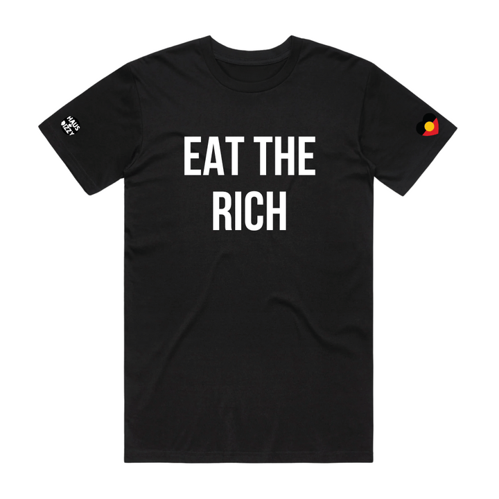 Black t-shirt with 'EAT THE RICH' in white text on a white background