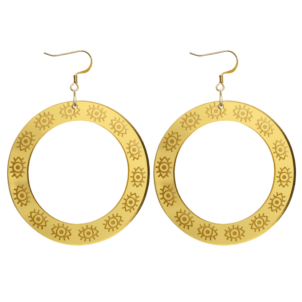 haus of dizzy gold mirror hoop earrings with etched eyes all around hoop size large with gold hooks no circle tops