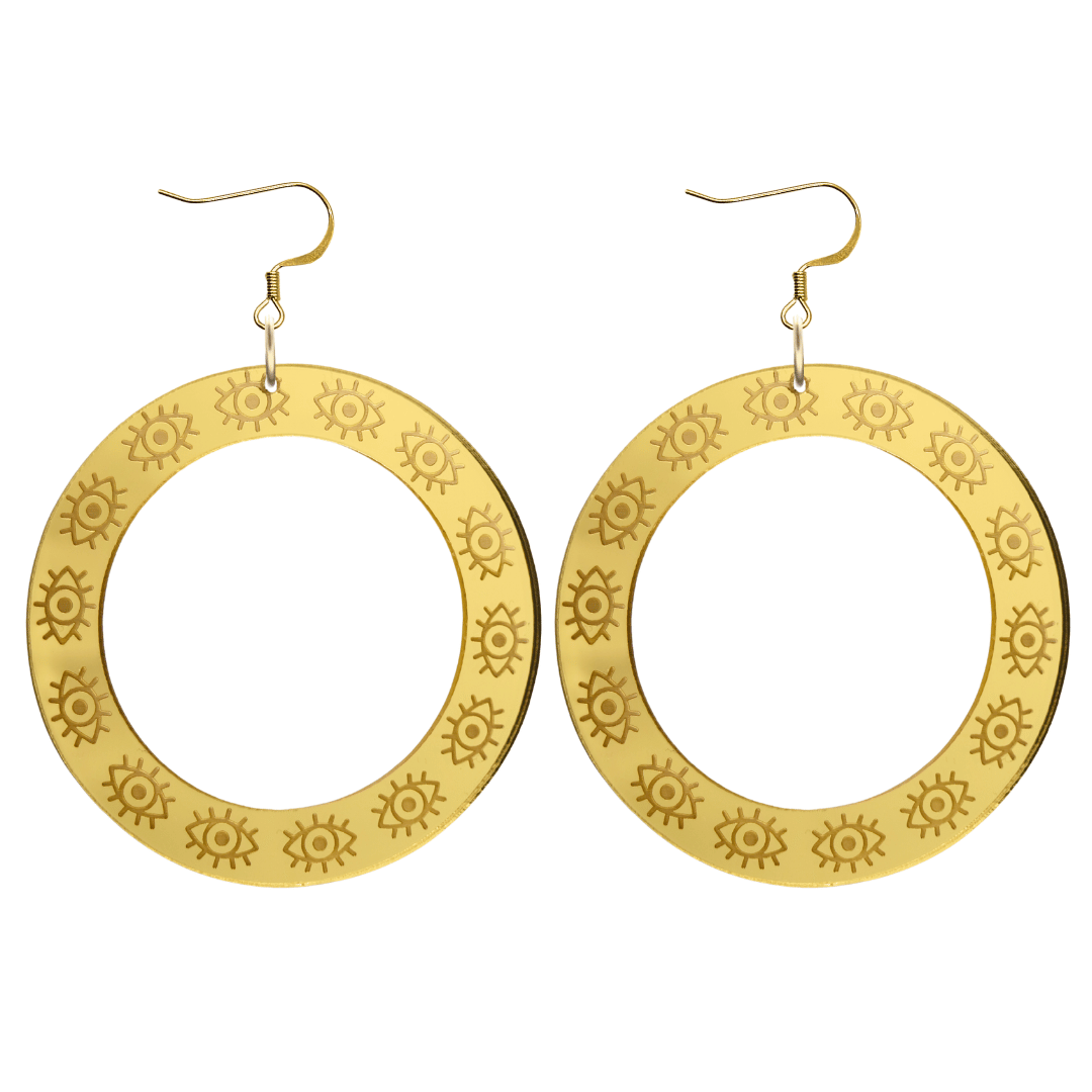 haus of dizzy gold mirror hoop earrings with etched eyes all around hoop size large with gold hooks no circle tops
